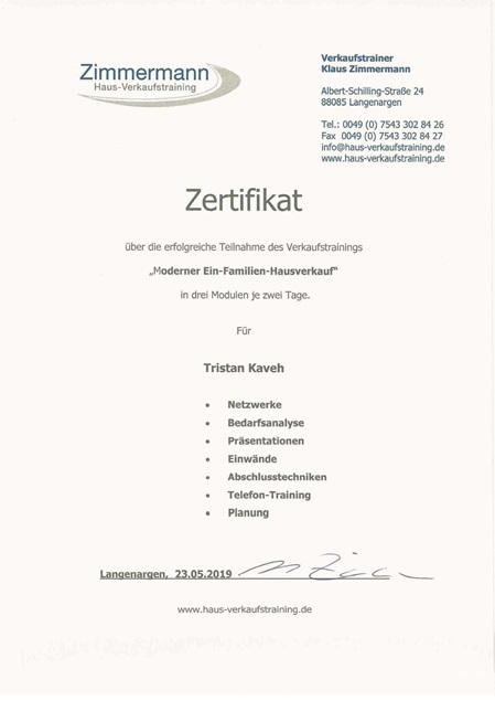 Zertifikat Zimmermann - Jörg Tristan Kaveh MdD