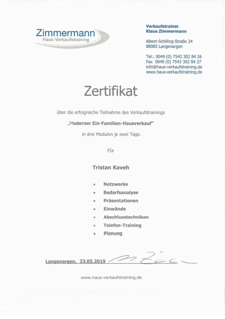 Secret-Consulting_Zertifikat_Zimmermann Haus-Verkaufstraining